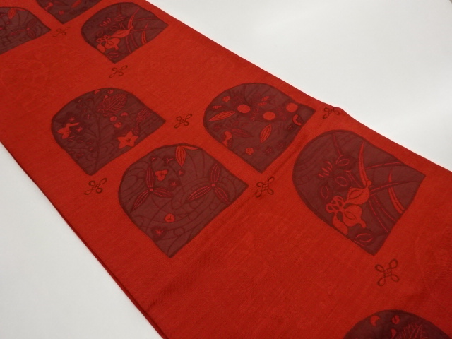 変わり色紙に菖蒲・桔梗・花々模様織出し洒落袋帯